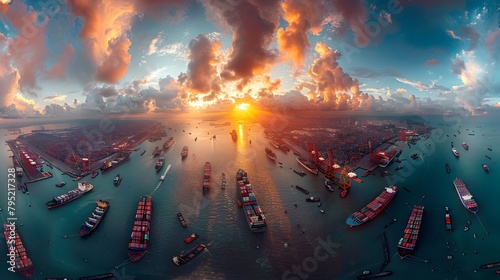 Global Trade Hub in a Wide-Angle Perspective: A Panorama of Cargo Ships Being Loaded photo