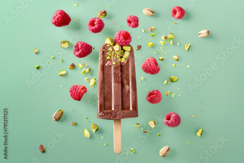 A sumptuous chocolate-coated ice cream popsicle, sprinkled with chopped pistachios and surrounded by fresh raspberries, in mid-air on a playful green background.
 photo