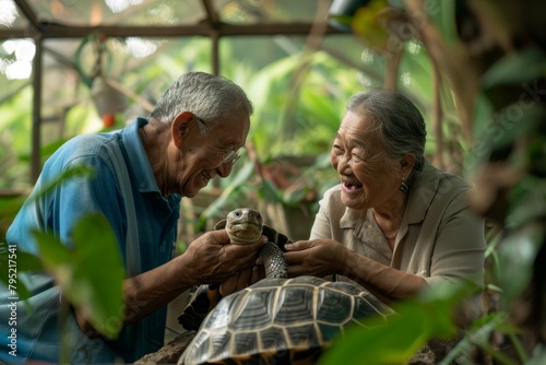 Warm and tender moment as an elderly couple shares a quiet time together with a pet tortoise in a lush garden setting © ChaoticMind