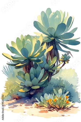 A rustic watercolor of Euphorbia stenoclada in a Madagascar dry forest, droughtresistant features and muted landscape, vivid watercolor, white background, 100% isolate photo