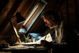 An atmospheric image capturing an elderly man intensely focused on painting in an attic studio, surrounded in creativity