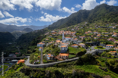 Townscape of small village of Faial in Madeira Island, Portugal. Aerial drone view.