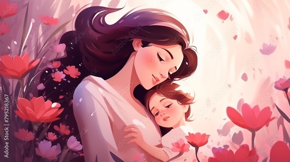 Illustration of mother with her little child, flower in the background. Concept of mothers day, mothers love, relationships between mother and child.
