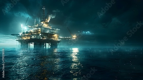 Illuminated Offshore Oil Platform Towering Over Choppy Nighttime Seascape photo