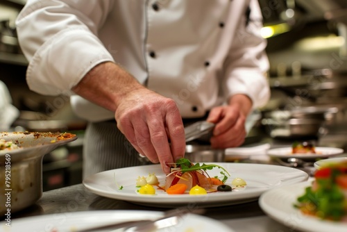 A professional chef meticulously arranges colorful food elements on a white plate in a bustling restaurant kitchen