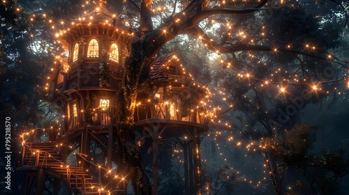 Illuminated Treehouse Nestled in Enchanted Forest under Starry Night Sky