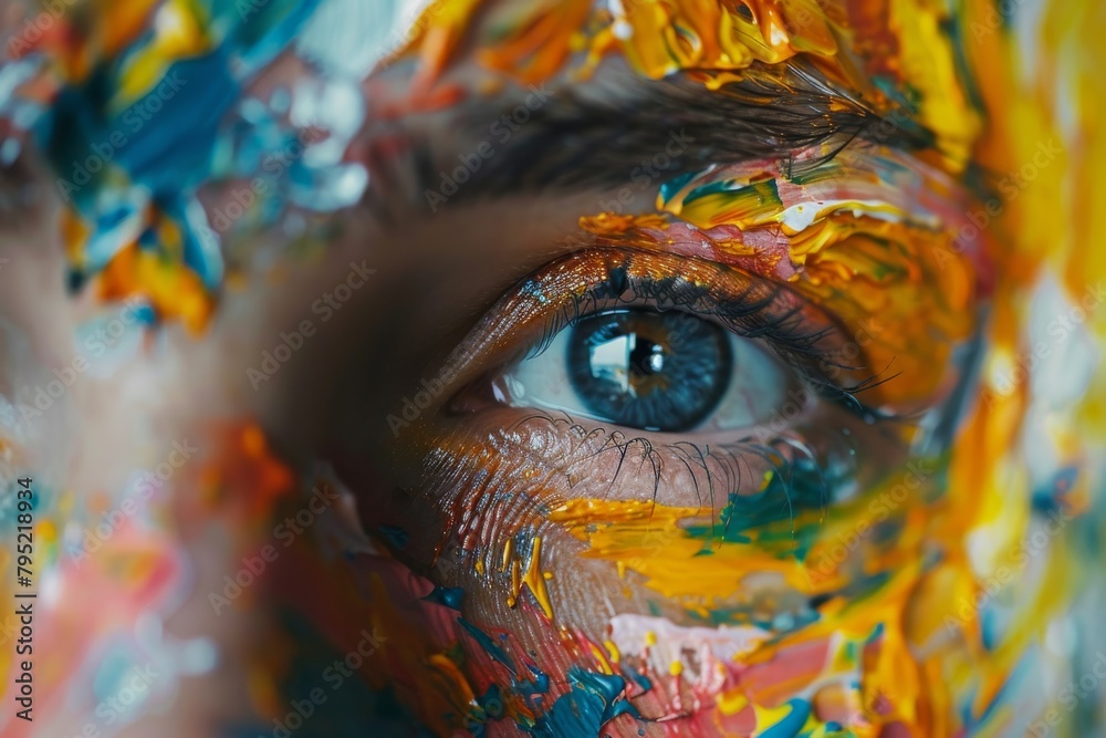 A mesmerizing close-up image capturing a human eye artistically painted with vibrant oil colors blending into the surrounding skin