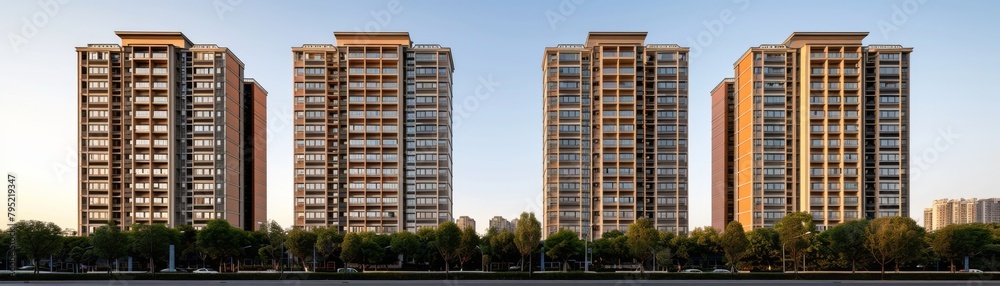 Four residential buildings with many windows