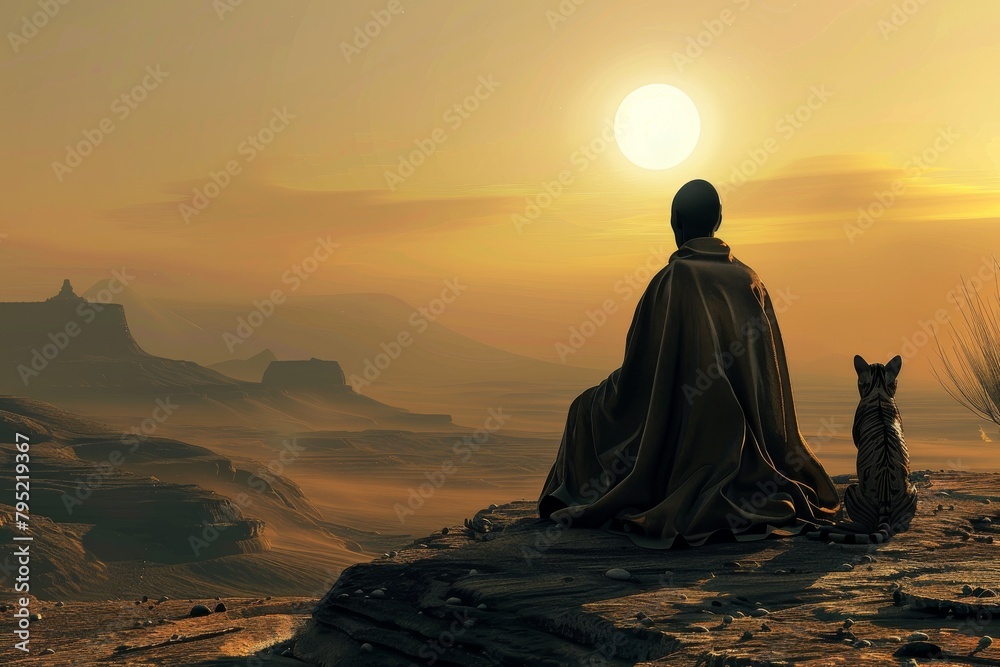 A solitary hooded traveler and a cat sit together watching the sunrise over a vast desert landscape in solitude