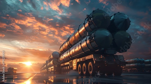Intercontinental Ballistic Missile Launchers in Motion Under Dramatic Sunset Sky Advanced Weaponry for Global Conflict