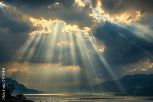 A stunning view of a storm breaking, with rays of sunlight piercing through the clouds, creating a sense of hope.