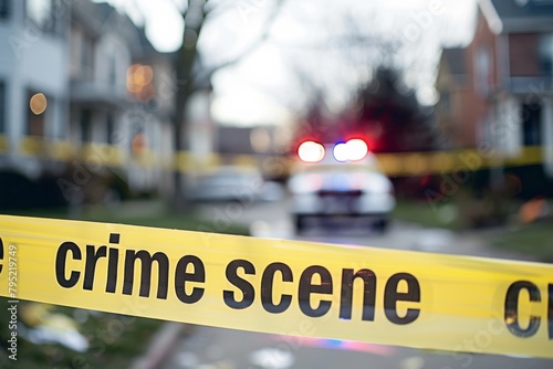 Photograph captures the focus on yellow crime scene tape against a blurred background with police lights, indicating an ongoing investigation