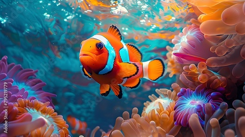 Kaleidoscopic Clownfish Darting Among Vibrant Anemones in Captivating Underwater Seascape