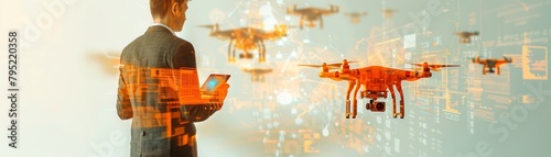 The image shows a man in a suit controlling a swarm of drones with a tablet. photo