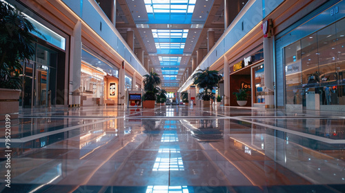 A large, empty shopping mall with a lot of glass windows