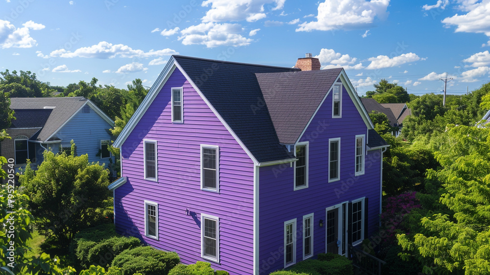 Extended aerial shot of a vibrant violet house with siding, standing out among the greenery of a suburban neighborhood, under a sunny sky.