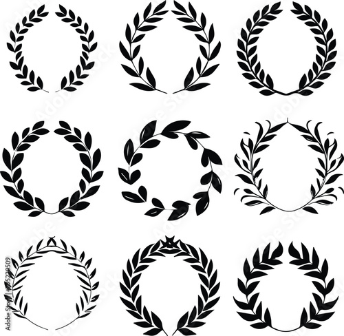 Set of different black and white silhouette round laurel foliate and wheat wreaths depicting an award, achievement, heraldry, nobility, emblem, logo.  photo