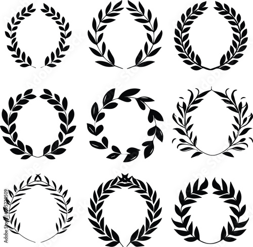 Set of different black and white silhouette round laurel foliate and wheat wreaths depicting an award, achievement, heraldry, nobility, emblem, logo. 