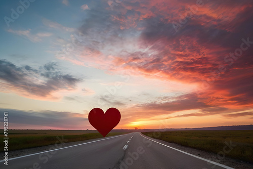 Red heart shaped sky at sunset. Beautiful landscape with road and clouds.Love background with copy space. Road to love photo