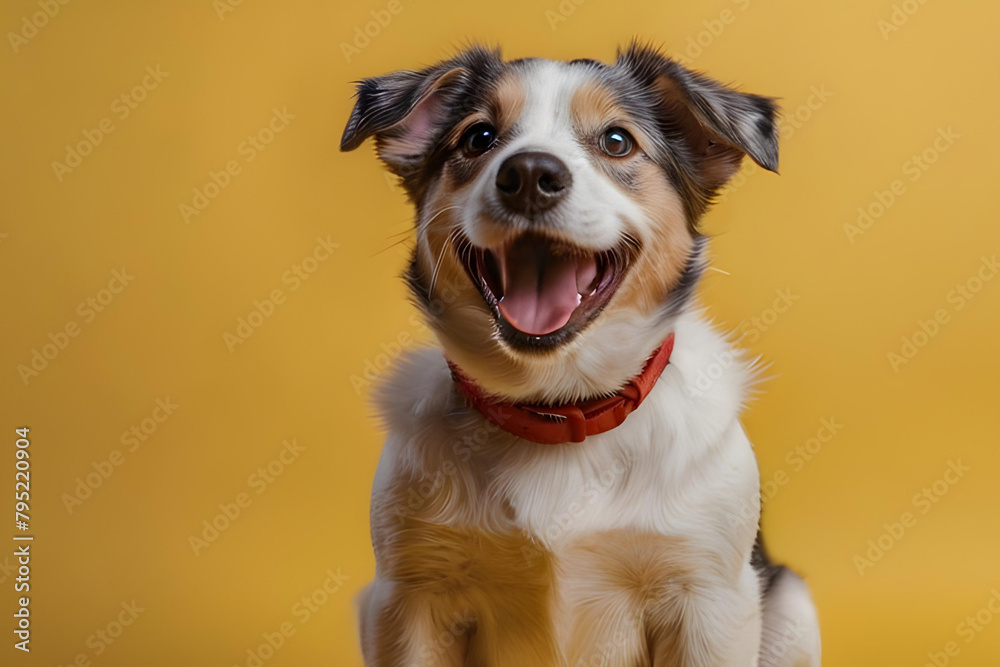 Happy puppy dog smiling on isolated yellow background