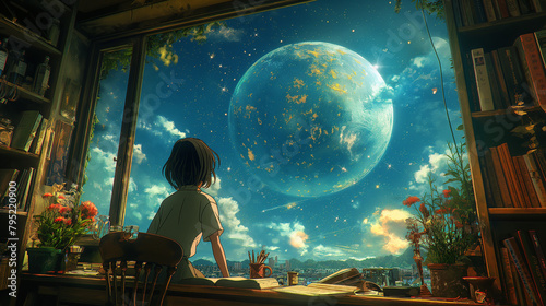 a girl looking at the moon