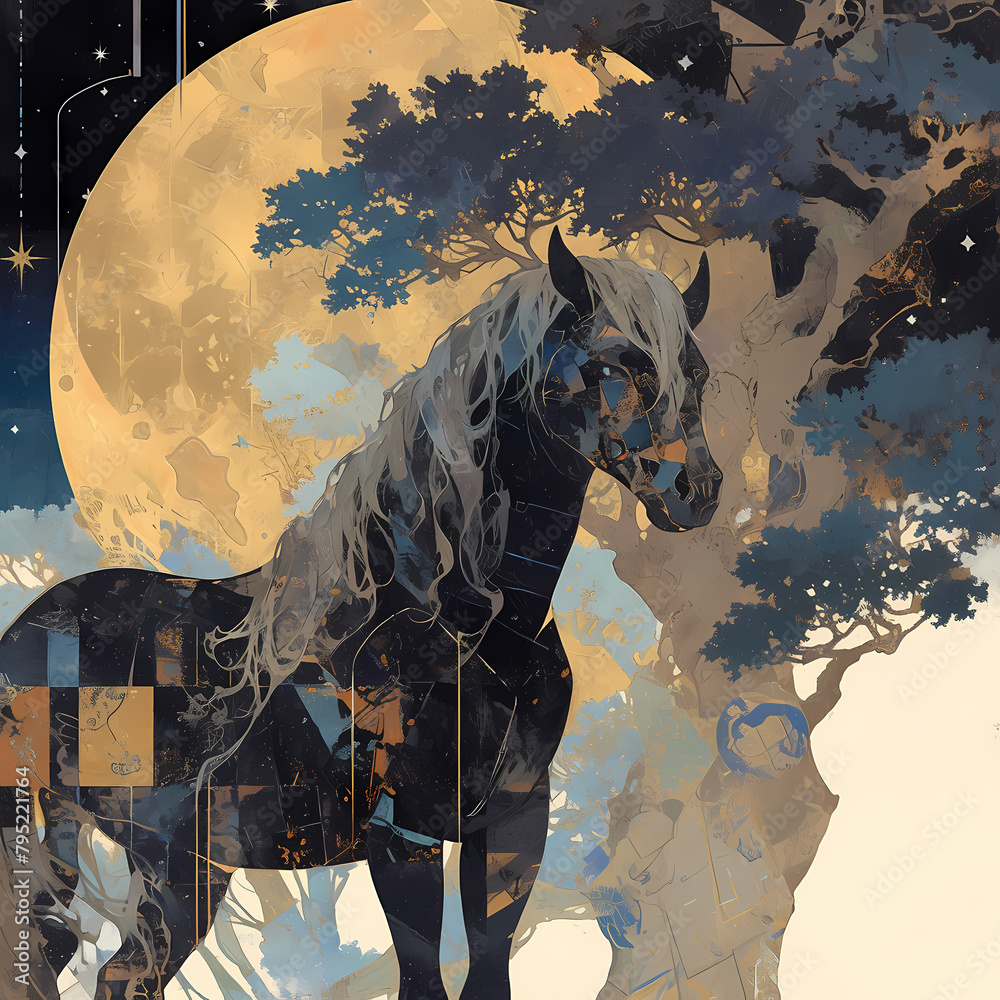 Serenely majestic, a black horse stands amidst an enchanting forest bathed in moonlight. Abstract metallic textures add ethereal depth to this captivating nocturnal tableau.