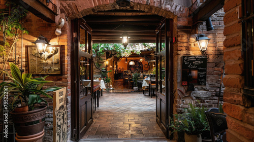 A brick building with a large archway leading to a courtyard © Art AI Gallery