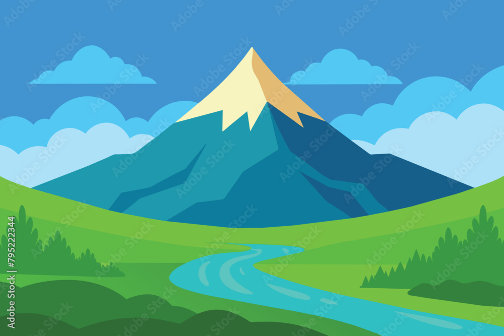 Beautiful mountain view. A large mountain surrounded by a river. Vector illustration design