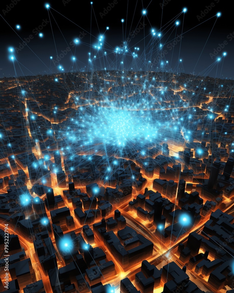A city at night with a glowing network of connections between the buildings.