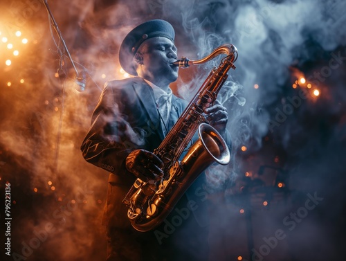 A man playing a saxophone in a smoky room. The man is wearing a hat and a suit
