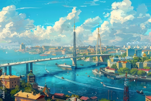 illustration of a city near the sea with bridges