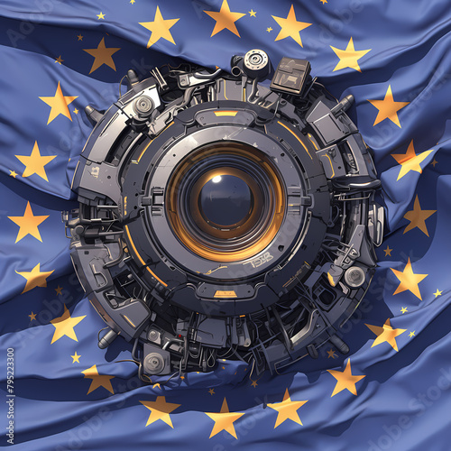 An Intricate Depiction of the European Union Flag Embracing a Complex AI System, Symbolizing the Intersection of Technology and Law in Europe.