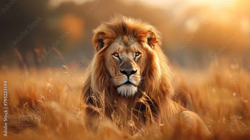 Beautiful king lion on savannah grass nature, with beautiful big eyes, With Beautiful blur Background,