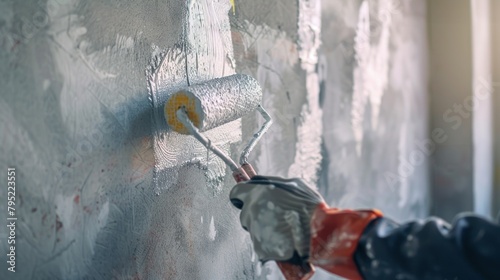 A Worker is applying damp insulation using a paint roller on the wall. photo