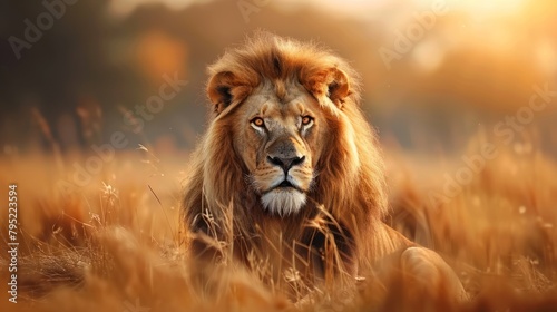 Beautiful king lion on savannah grass nature, with beautiful big eyes, With Beautiful blur Background, photo
