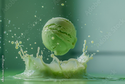 A suspended green ice cream ball caught in the act of levitation, leaving behind a harmoniously shaped splash. © Eun Woo Ai