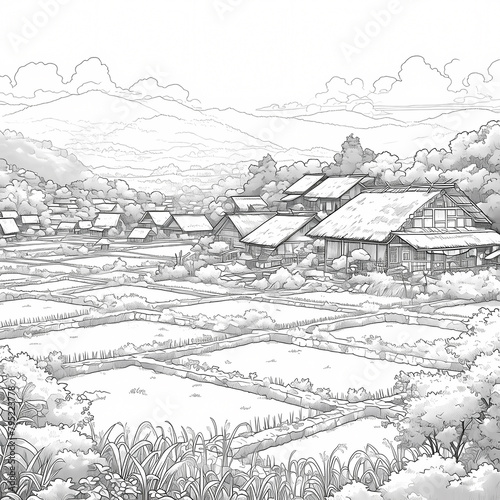Experience serene rural life with this detailed village coloring page. Perfect for adult coloring enthusiasts.