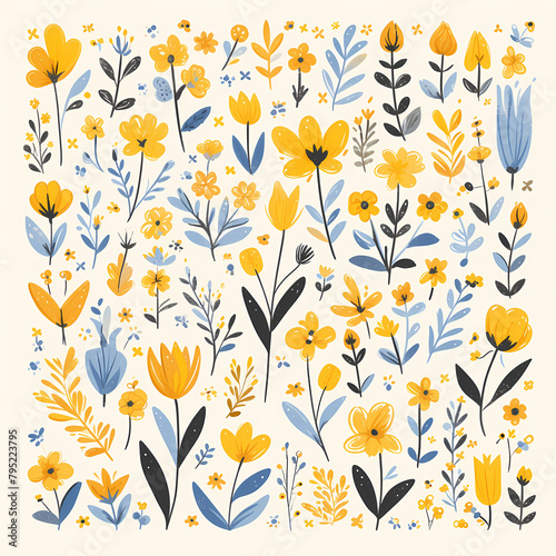 Vintage-Inspired Spring Floral Doodle Patterns for Stylized Backgrounds and Print Projects