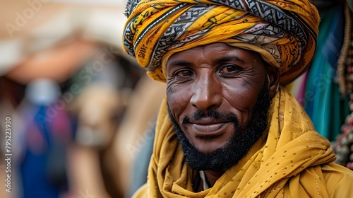 Smiling Berber Man in Traditional Tuareg Attire at Camel Market in North Africa photo
