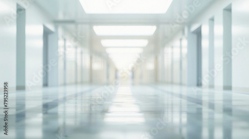 A long hallway with white walls and a white ceiling