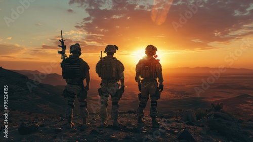 A team of fully armed soldiers in the desert in the sunset light photo