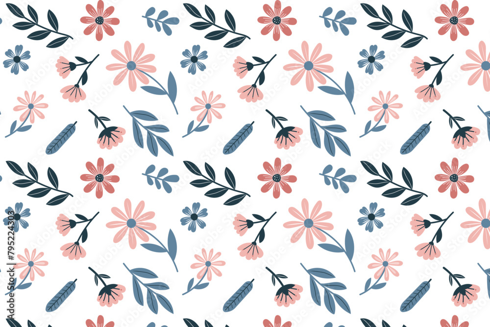 Seamless pattern of cute flower branches with leaves on gray background. Vector illustration	