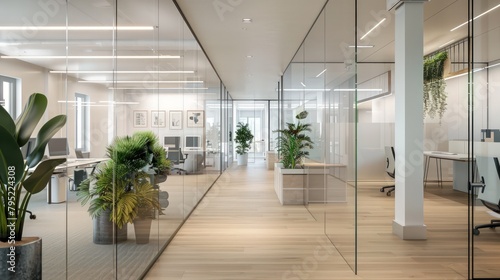 Modern office interior with minimalist glass wall partitions. Interior furniture property design.