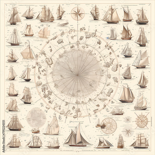 Embark on a Timeless Sailing Adventure with this Illustrated Nautical Chart and Traditional Sailboat Gallery photo