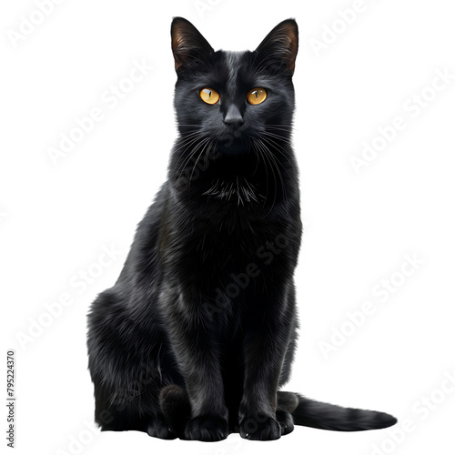 Black cat, yellow eyes, sitting posture, white background, in the style of high definition photography, high resolution 