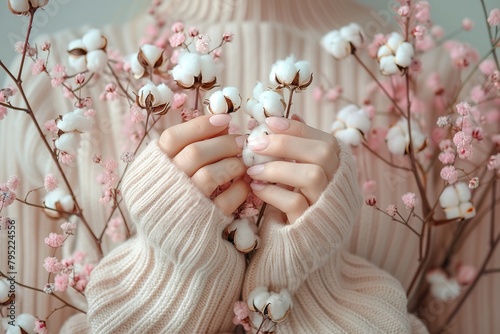 Elegant hands with subtle nail art holding cotton flower