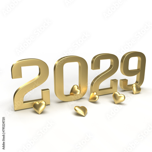 Gold new year 2024 with hearts around it.