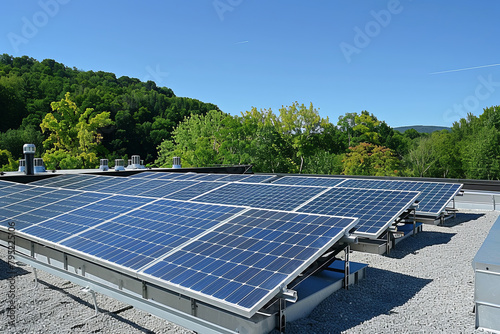 Assorted solar panel configurations installed on a rooftop, set against a natural backdrop