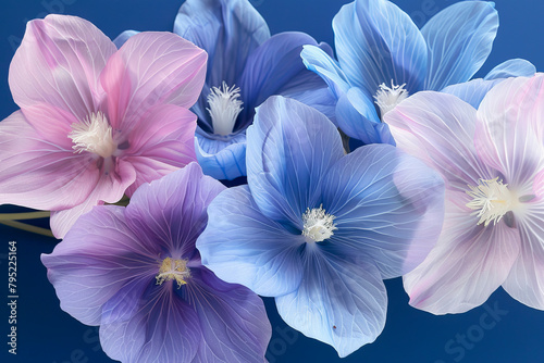 Delicate blue, pink flowers on dark background