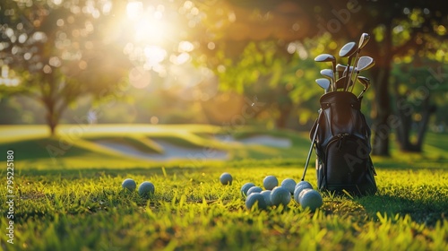 a bag of golf clubs and balls on grass